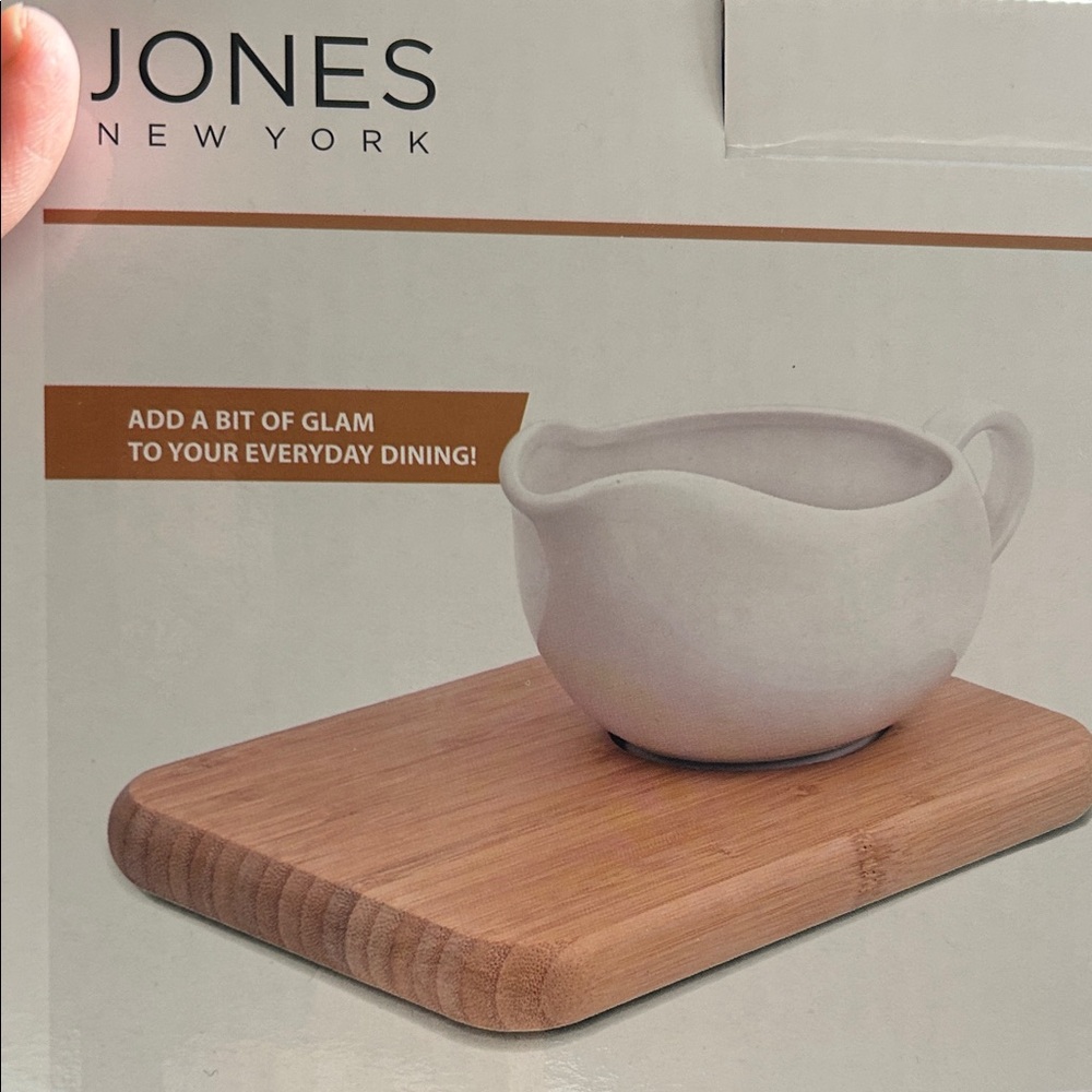 New in box! Jones New York White Creamer with Wooden Tray